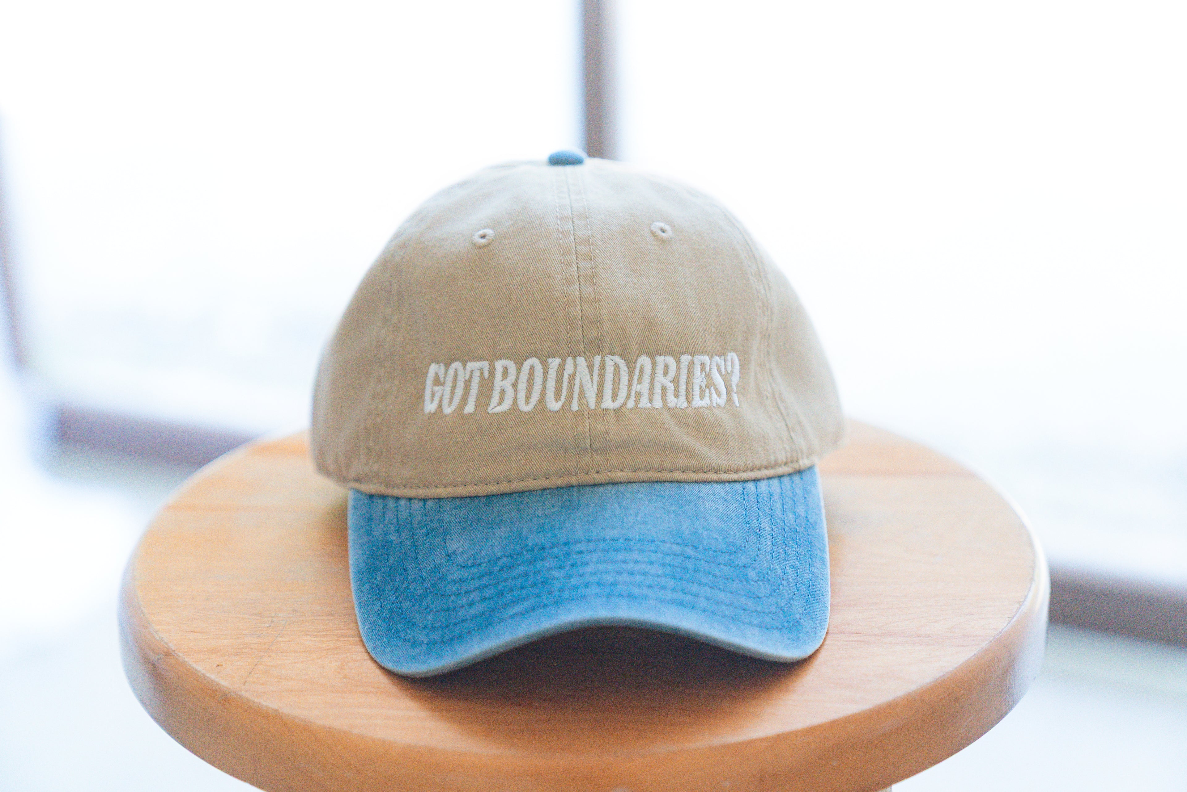 Khaki & Denim Cap — “Clear Lines, Clear Mind”